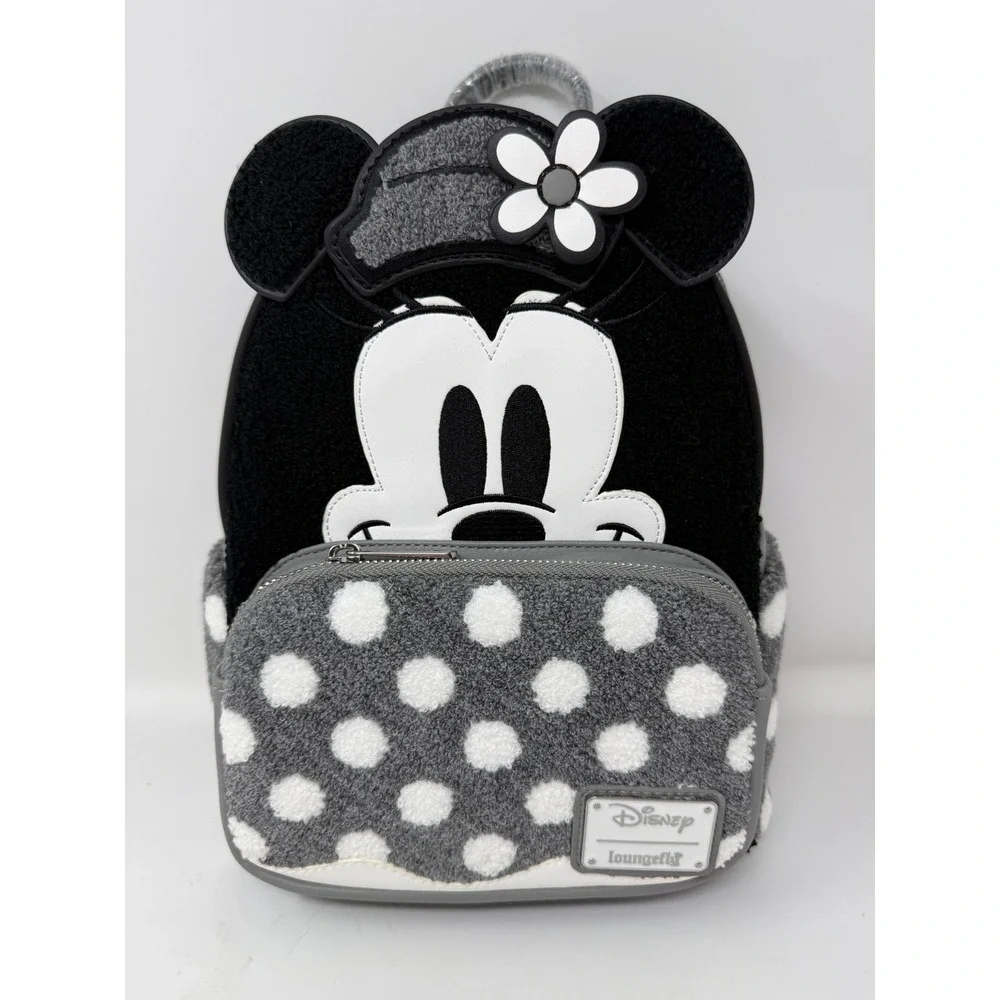 Loungefly Disney Minnie Mouse Vintage Polka Dot Sherpa Mini Backpack Black Grey